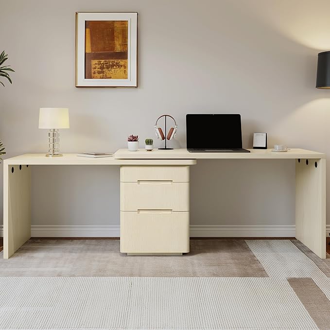 Merax Home Office Desk L Shaped with 3 DrawersWooden Rotating 90 Large DeskExecutive Office WorkstationCorner Work Table for Study WritingNatural Wood