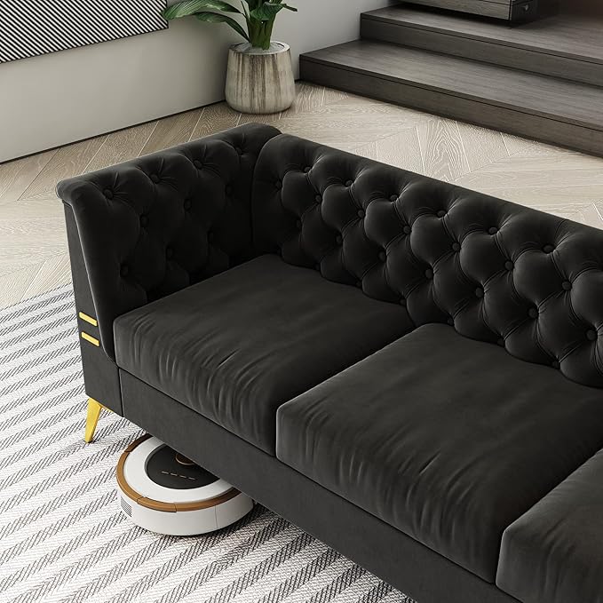 Tomkate 82 Black Velvet Chesterfield Sofa Mid-Century Modern Tufted 3-Seater Couch with Flared Arms Removable Cushions &amp Gold Metal Legs for Living Room (Black)