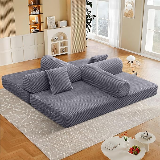 78 Convertible Sleeper Sofa Bed with Cylindrical Pillow Corduroy Folding Mattress Couch with Fixed Frame Floor Sofa Lounge Couch for Living Room Bedroom Apartment Dark Grey