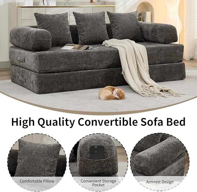 4 in-1 Folding Convertible Sofa Bed78.8 Folding Floor Mattress Couch Comfy Chenille Boneless Couch Lounge Loveseat with Pull Out Bed No Assembly (Light Grey)