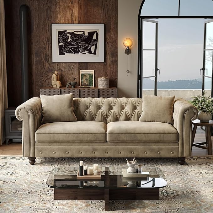 ONBRILL 82 Inch Chesterfield Sofa 23 Inch Deep Seat Velvet Couch for Living Room Button Tufted Couch with Rolled Arms 2 Throw Pillows Comfy Vintage Loveseat Sofa for Apartment Taupe