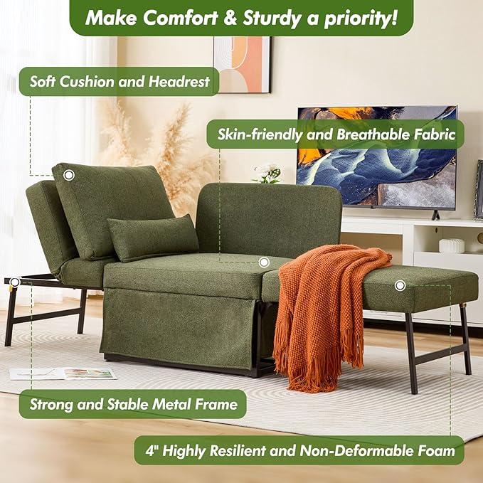 Sleeper Chair Bed Upgrade 4-in-1 to 5-in-1 Convertible Multi-fuction Sofa Chair w/Adjustable Backrest Assembly-Free Linen Folding Sofa Ottoman Bed for Living Room Apartment (Deep Green)