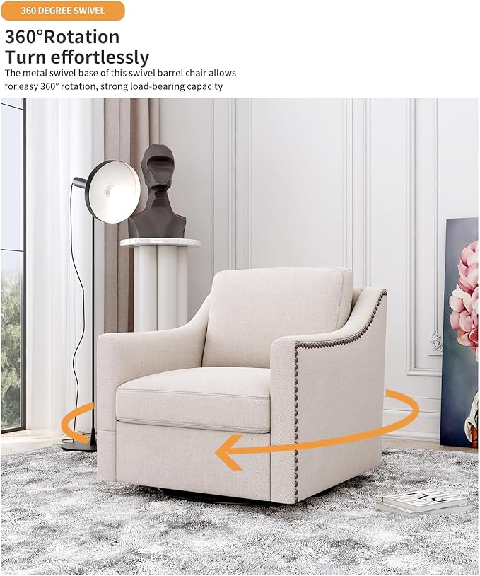 Upholstered Swivel Barrel Chair 31 Wide Modern Fabric Ergonomics Single Sofa Chair Living Room Bedroom Accent Chair Comfy Club Swivel Chair (Cotton Linen White)