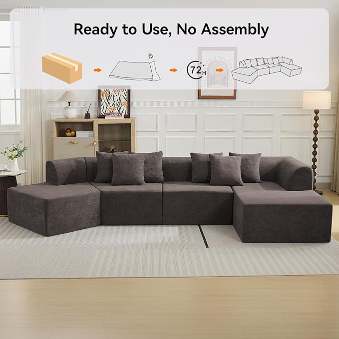 140''Oversized Cloud Velvet Curved Sectional Couch Boneless Couch with L-Shape Chaise Upholstered Compression Memory Foam Modular Sectional Sofa for Living Room No Assembly Required Brown
