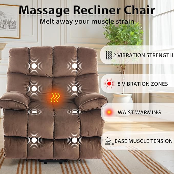 Power Lift Recliner for Elderly with Heat and Massage Electric Velvet Lift Recliner Chair with Side Pockets and USB Charge Port for Bedroom Living Room and Nursing Home Brown