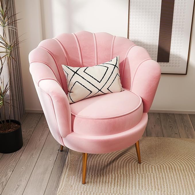 DAGONHIL Mid Century Modern Upholstered Accent ChairPetal Vanity ChairRetro Leisure Velvet Single Sofa with Golden Metal Legs for Living Room/Bedroom(Light Pink)