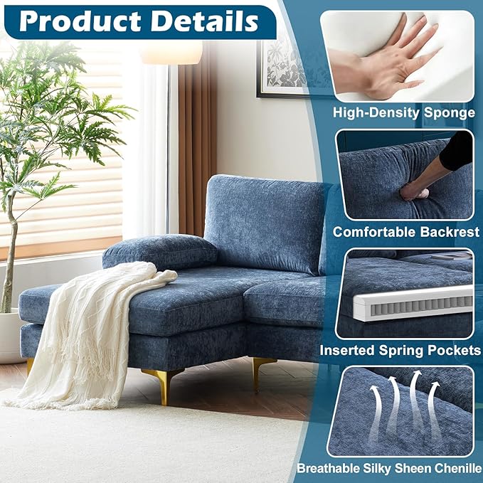 VINGLI 110 Large U-Shape Sectional Sofa Couch with 51 D Double Chaise for Living Room Modern Sectional Couch Set with Soft 5.9 Thickness Seating Padding Chenille FabricMetal Gold Legs(Blue)