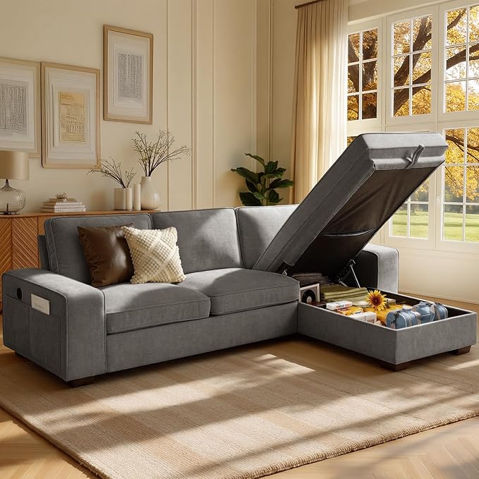 99 Sectional Sleeper Sofa Couch Chenille Convertible Chaise 3 Seats L-Shaped Sofa with 110L Storage Deep SeatWide ArmrestUSB Type-C ChargingRemovable Covers for Living Room Light Grey