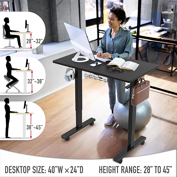 SHW 40-Inch Mobile Electric Height Adjustable Sit to Stand Desk with Drawer Hanging Hooks and Cable Management Black