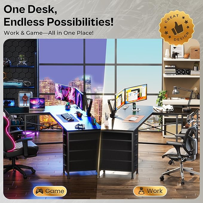 Huuger 63 Inch L Shaped Desk with Fabric Drawers Reversible Computer Gaming Desk with Power Outlets and USB-C Port Adjustable Side Storage Shelves for Work Study Corner Home Office Black