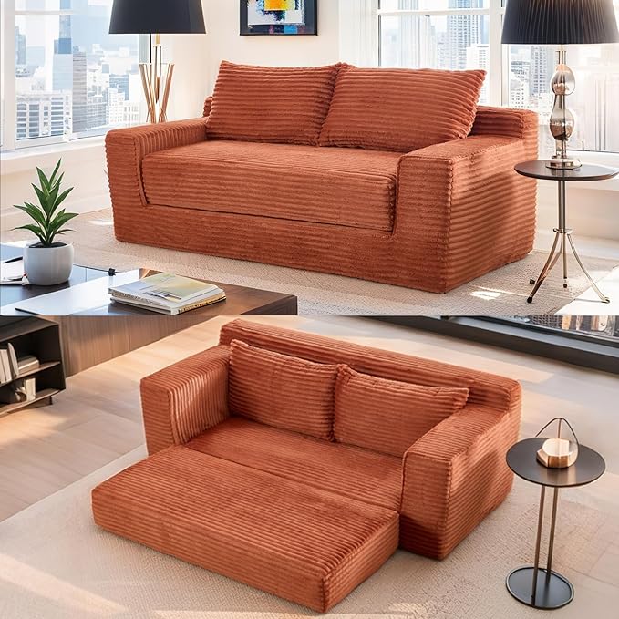 Boneless Couch 2 in 1 Convertible71 Corduroy Cloud Loveseat SofaMemory Foam Couch in a BoxNo Assembly Small Sofa for Living RoomApartments Home OfficeBedroom-Orange