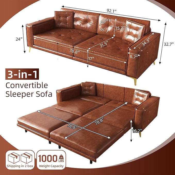 92.1'' King Pull Out Sofa Bed Convertible Futon Couch 3-in-1 Faux Leather Sleeper Sofa with Tufted Back 2 Pillows Gold Legs Deep Folding Loveseat for Living Room Apartment Light Brown