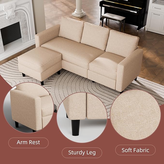 JAMFLY Sectional Couch Sofa Convertible L Shaped Sofas Couch with Ottoman Small Sectional Sofa for Living Room 3 Seater for Small Spaces Khaki