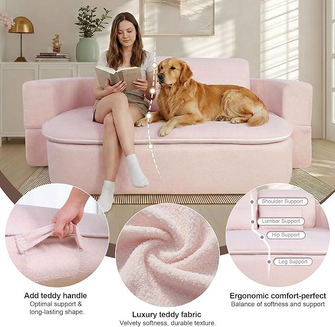 75'' Folding Sleeper Sofa Bed Convertible Memory Foam Boneless Couch Foldable Full Size Guest Bed Modern 2-in-1 Futon Floor Sleeper Sofa with 4 Pillows and Blanket (Teddy Pink2)
