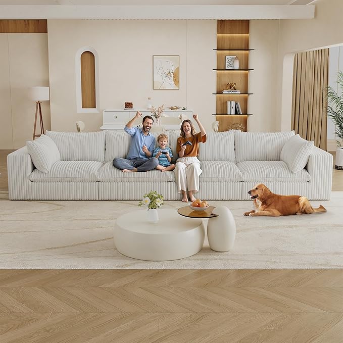 Oversized 158 W Corduroy Boneless Couches for Living Room No Assembly Required Modular Sectional Sofa with Thick Cushion&ampMemory foam Compress Upholstered Couches for Apartment(White 4 Seater)