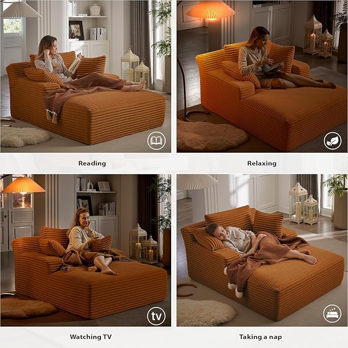 67 Inch Chaise Lounge Chair Indoor Oversized Corduroy Upholstered Boneless Sofa Bed Deep Seat Sleeper Couch Reading Chairs Cloud Sofas Couches for Living Room No Assembly Required (Orange)
