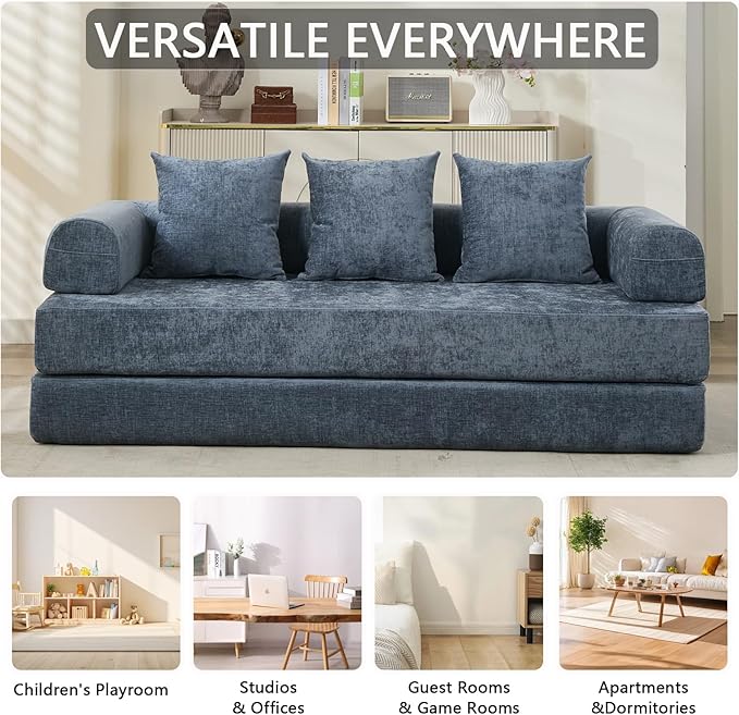 79 Inch 4-in-1 Convertible Sofa Bed Boneless Couches Chenille Folding Sleeper with Pull Out Bed Floor Futon Modular Lounge Loveseat Compressed Sofa No Assembly Required for Living Room (Blue)