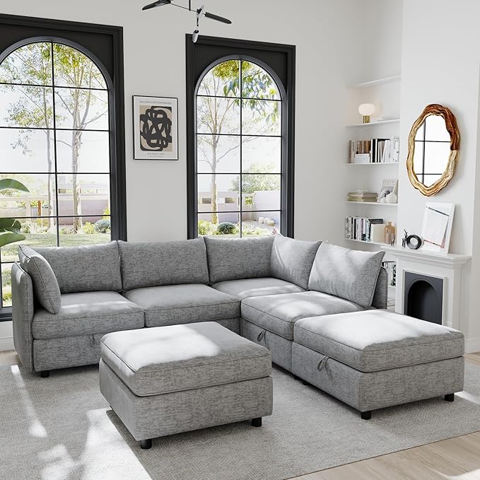 129” Modular Sectional Sofa Convertible 6 Person U Shaped Couch with Storage 2 Removable Ottomans &amp Deep Seats Memory Foam Comfy Modular Couch for Living Room (Grey 6 Seat)
