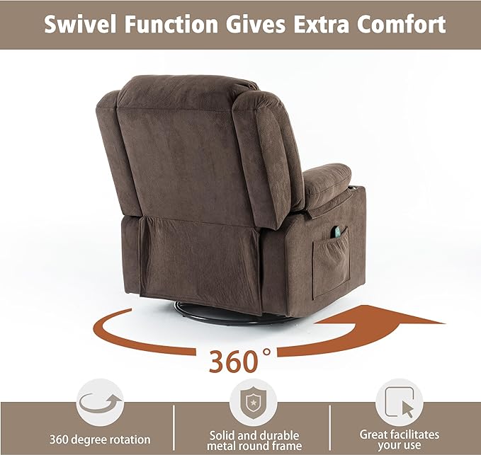 Rocker Swivel Recliner Chair for Adults Overstuffed Large Manual Recliner Glider with Massage and Heat Comfy Soft Fabric Living Room Reclining Sofa Chair (Warm Cocoa)