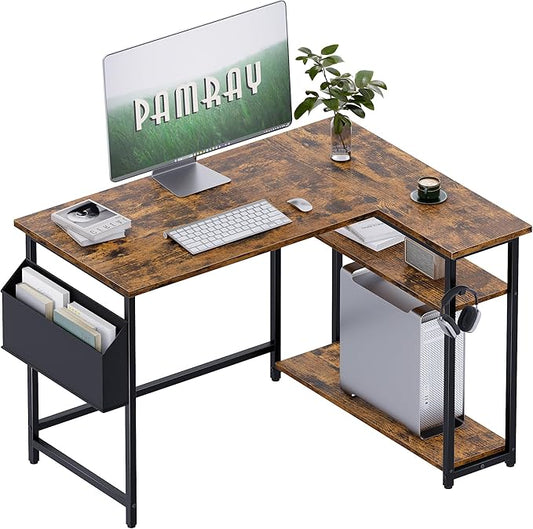 Pamray 40 Inch L Shaped Computer Desk with Reversible Side Storage Shelves Small Corner Desk for Small Space Home Office Writing Study Table PC Desk for Bedroom Vintage