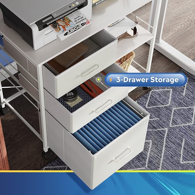 DEVAISE 3 Drawer Mobile File Cabinet Rolling Printer Stand with Open Storage Shelf Fabric Lateral Filing Cabinet fits A4 or Letter Size for Home Office White