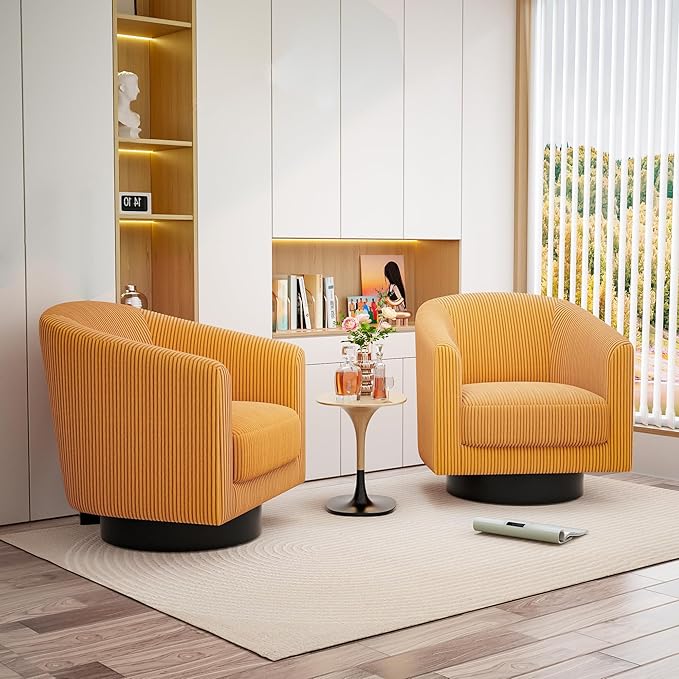 Swivel Accent Chairs Set of 2 360° Bucket Chair Modern Upholstered Barrel Armchair Comfy Corduroy Single Sofa for Living Room Bedroom Orange