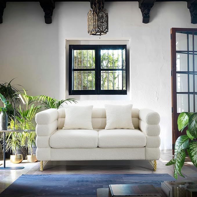 60 W Teddy White Loveseat Sofa Couch with Firm Strcuture &amp Thicken Sponge Comfy Love Seat Couches Sleeper for Living Room Bedroom Small Spaces Mid-Century Modern Furniture