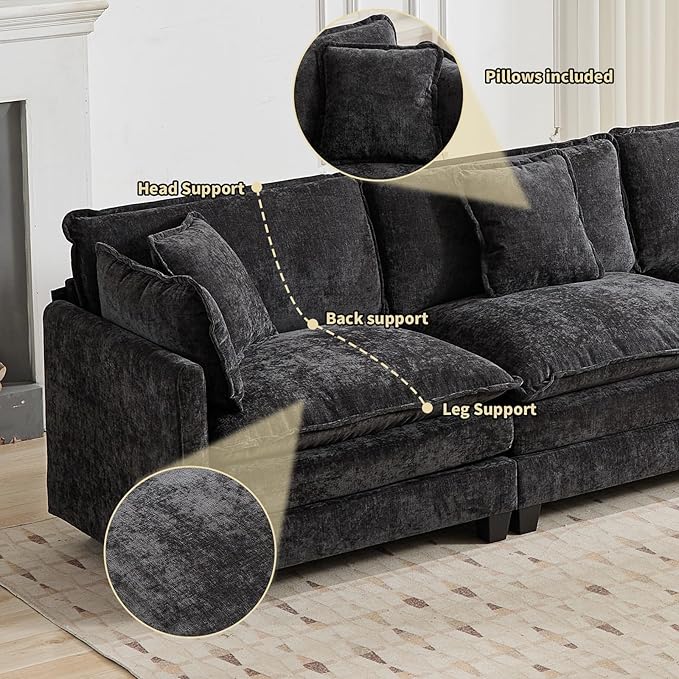 111.5” Black Modular Sectional Sofa 3 Seater Large Sectional Couches for Living Room Chenille Fabric Oversized Cloud Couch with Ottoman Deep Seat Home Sofas Set Sofá Moderno U Shaped