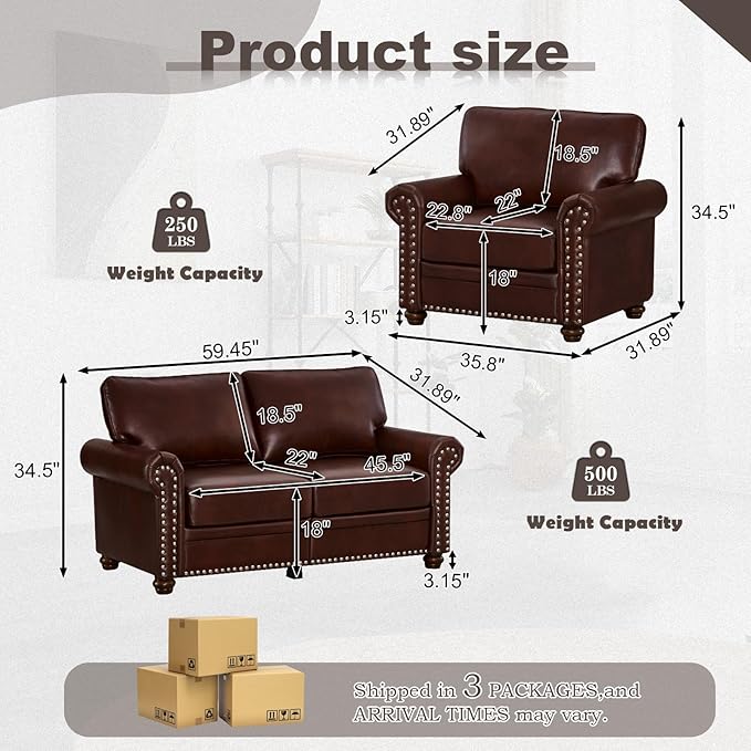 2 Piece Faux Leather Sofa SetModern Chair and Loveseat Sets with StorageMid Century Couch with Rivet Rolled ArmComfy Deep Seat SofaFurniture for Living RoomOffice(Armchair+LoveseatBurgundy)