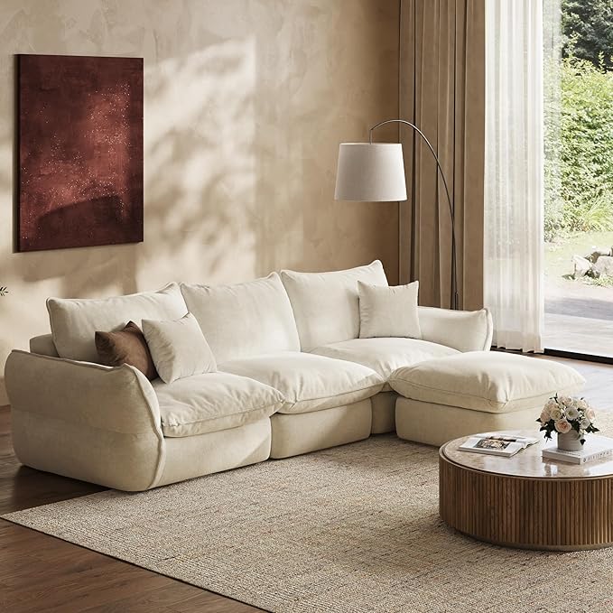106'' Down Blend L-Shaped Sectional Sofa Deep Seat Feather-Filled Cushions Oversized Cloud Couch with Sink-in Comfort Modern Living Room Sofa – Ivory White