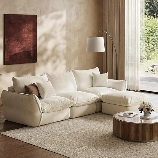 106'' Down Blend L-Shaped Sectional Sofa Deep Seat Feather-Filled Cushions Oversized Cloud Couch with Sink-in Comfort Modern Living Room Sofa – Ivory White