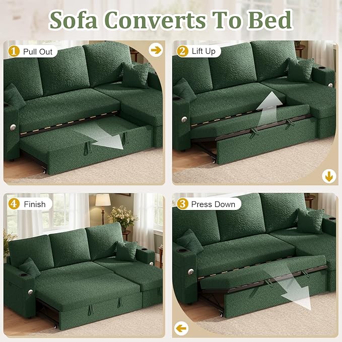 82 Inch L-Shape Sectional Couch 4-in-1 Multifunctional Pull-Out Couch Sleeper Sofa with Storage Chaise Charging Station Cup Holder for Living Room/Office/Apartment (Green)