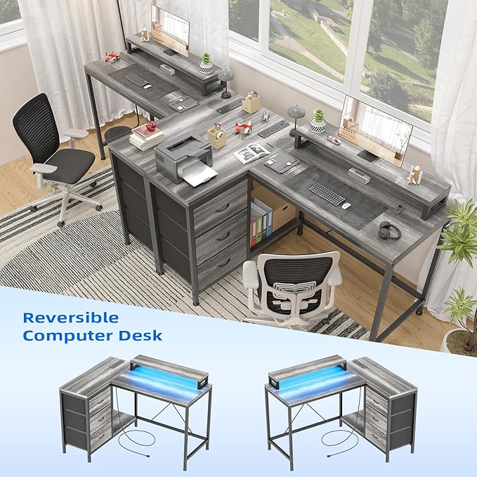 L Shaped Desk with Power Outlets &amp LED Lights Computer Desk with Drawers &amp Shelves Corner Desk Gaming Desk Home Office Desk Oak