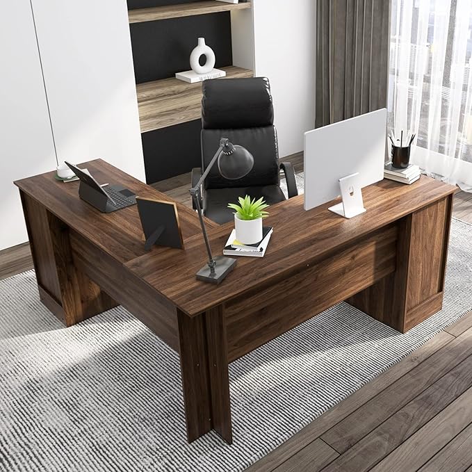 Tangkula L-Shaped Office Desk with Storage Drawers &amp Keyboard Tray Home Office Corner Computer Desk with Cabinet &amp Inner Adjustable Shelf Space-Saving Study Writing Desk Computer Workstatio
