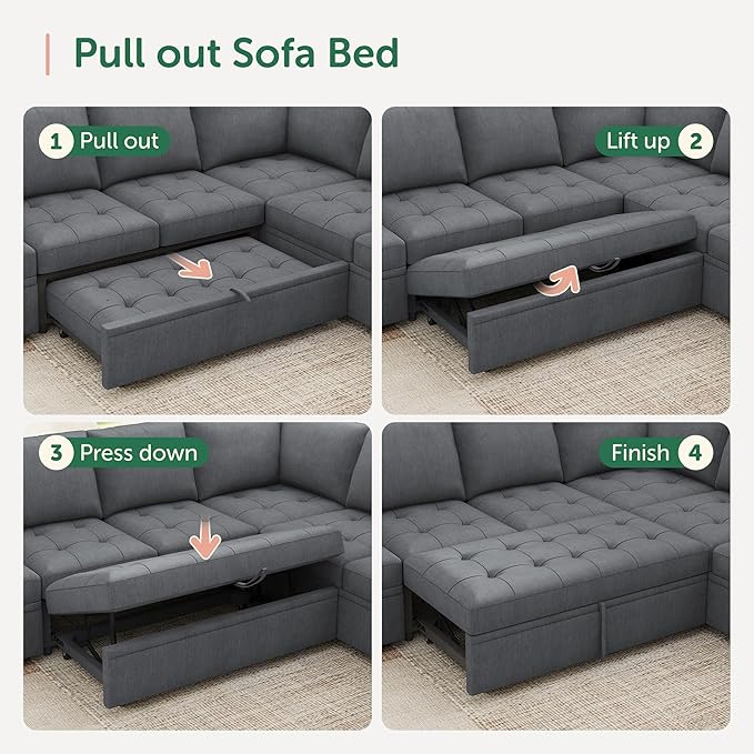 HONBAY Modular Sectional Couch with Pull Out Bed Sleeper Sofa with Storage U Shaped Modular Sectional Couches for Living RoomWarm Bluish Grey