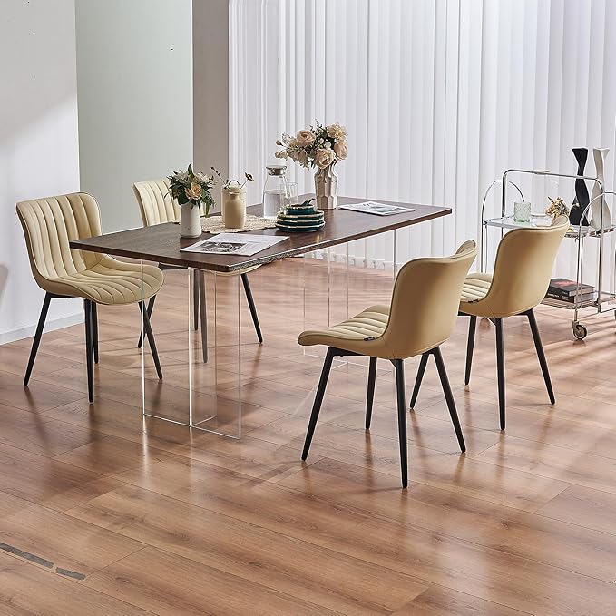 YOUNUOKE Mid-Century Modern Dining Chairs Set of 2 Beige PU Leather Upholstered Kitchen Chairs with Black Metal Legs Armless Accent Chair for Dining Room Guest Reception Room