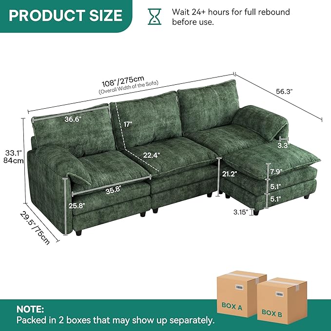 YITAHOME 108 Modular Sectional Sofa with Movable Ottoman Modern L Shaped Couch with Pillow-Armrest Velvet 4 Deep Seat Cloud Couch for Living Room Apartment Office Green