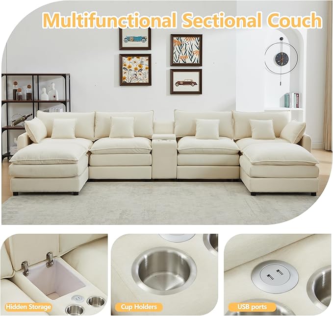 Modular Sectional Sofa 144'' U Shaped Cloud Couch Upholstered Sofa Set with Storage Console &amp Cupholders &amp USB Port Comfy Recliner Sleeper Sofa Furniture with Ottoman for LivingRoom Beige