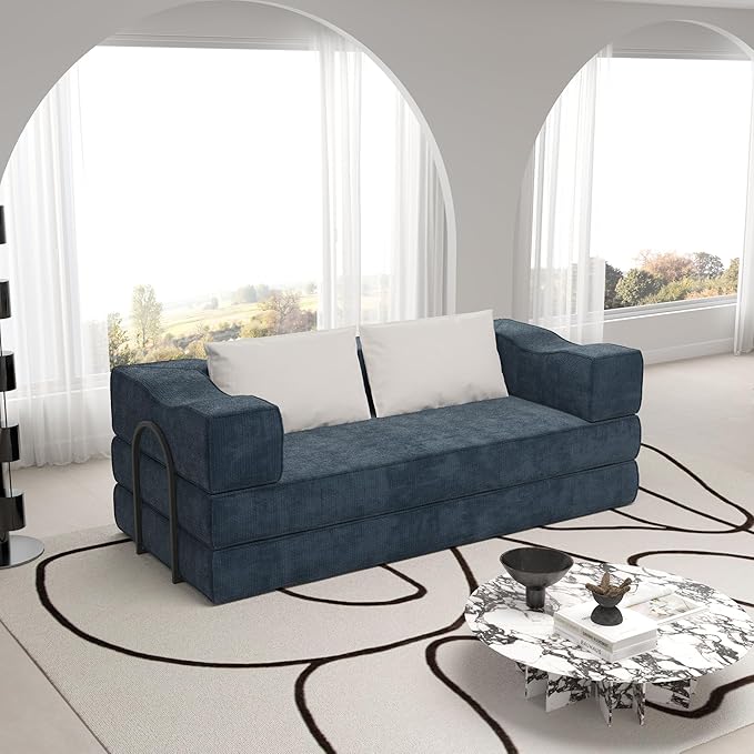 80 Convertible Sofa Bed Sleeper King Size Foldable Futon Couch with Memory Foam &amp 2 Pillows Chenille Fabric Modular Loveseat for Small Spaces Apartment Living Room Studio (Blue 80in)
