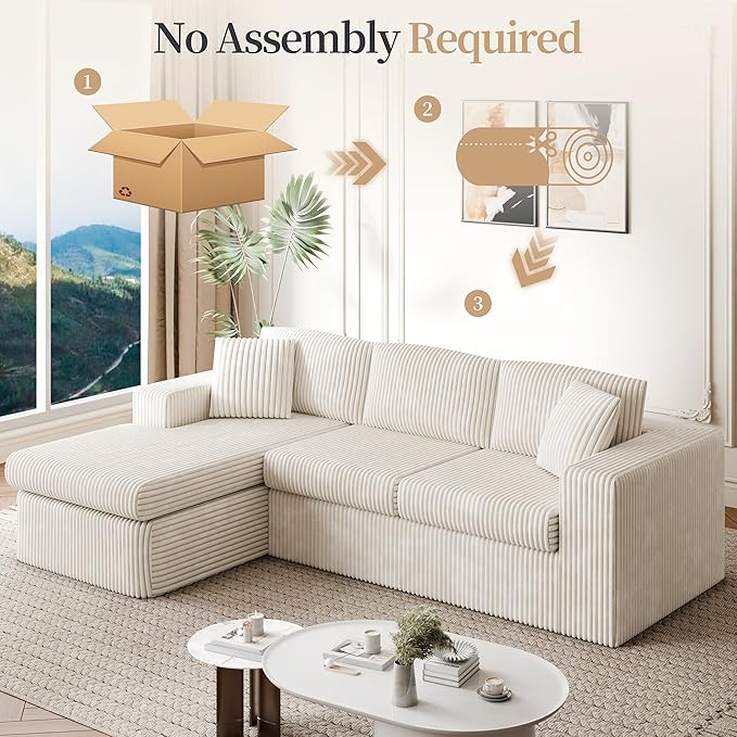 Vongrasig 105 Boneless Couches for Living Room Sectional Couches Modular Sofa with L-Shaped Chaise Memory Foam Comfy Cloud Couch with Plush Corduroy Fabric No Assembly Required Beige