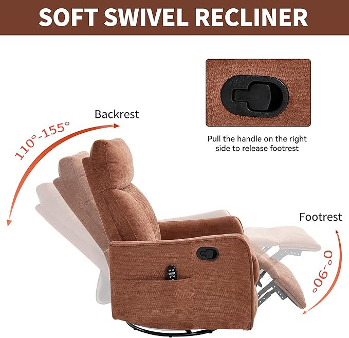 360°Rotating Heated Massage Chair with 8 Vibrating nodesComfortable Rocking Chaise Lounge with Black Metal Base Single Sofa for Living RoomBedroomOfficeOrange Chenille