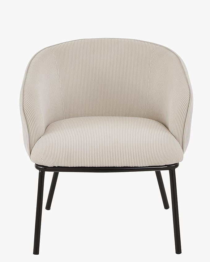 Modern Corduroy Accent Chair with Channel Back Design Black Metal Legs and Soft Upholstery Comfortable Seating for Living Room Bedroom or Office Beige
