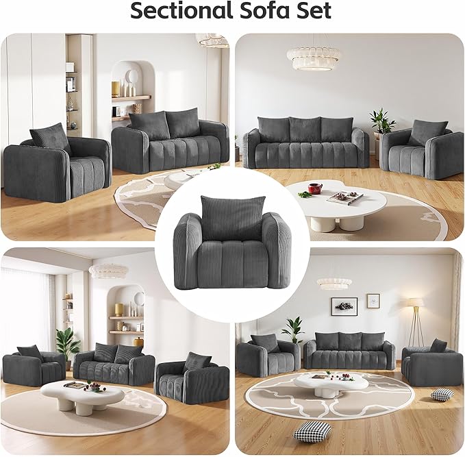 Comfy Loveseat Sofa with 2 Arm Chair Set of 3 Corduroy Sofa for Living Room Boneless Lounge Floor Cloud Couch for Small Spaces for Bedroom Office Apartment Grey