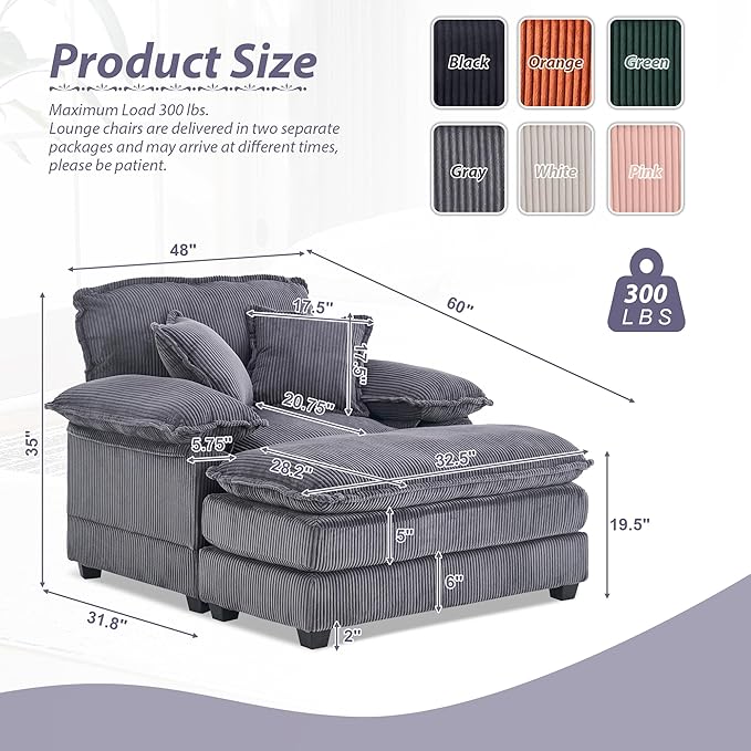 TTK Oversized Chaise Lounge Chair with Ottoman - 39.17 Wide Modern Sleeper Sofa for Living Room Bedroom &amp Office - Deep Seat Sectional Couch with Pillow Comfortable Reading ChairGray