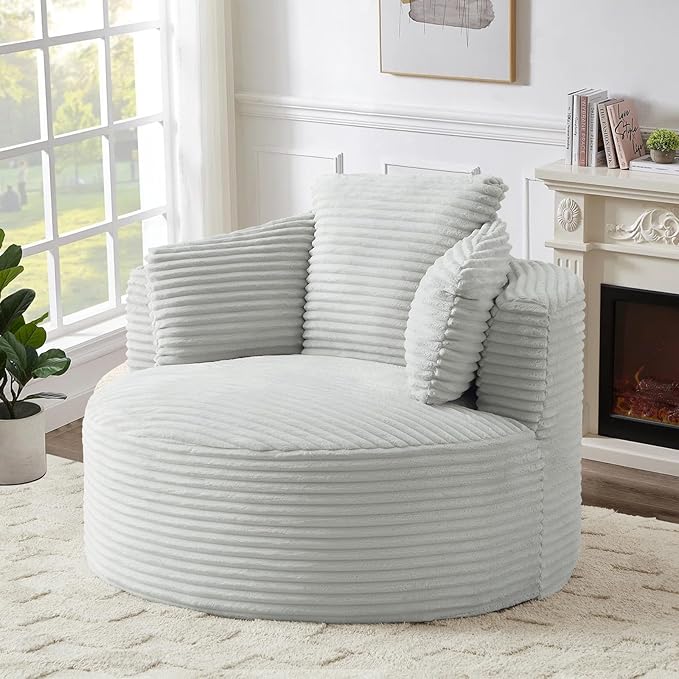 Round Chair Lounge Chaise Indoor 48.8 Oversized Sofa Chair Upholstered Corduroy Deep Seat Sleeper Sofa Bed No Assembly Required for Living Room Bedroom Apartment Light Grey