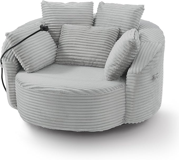 360° Swivel Accent Chair with 5 Throw Pillows Adjustable Phone Holder Corduroy Fabric Round Sofa Chair Barrel Chair with Semi-Wraparound Design for Living Room Office and Hotel (Light Gray1)