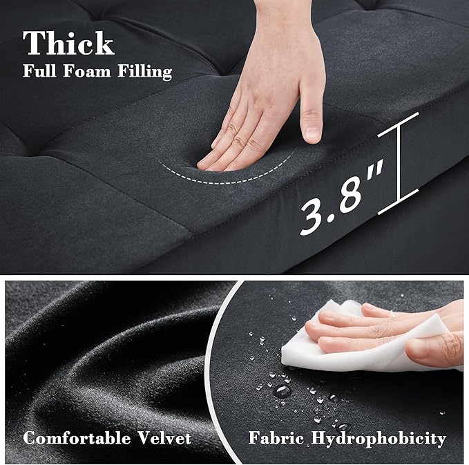 3 in 1 Pull Out Couch 56 Inch Velvet Sofa Bed Convertible Loveseat Sleeper Sofa for Living Room Small Space Upholstered Couch Bed with USB Cup Holder(Black)