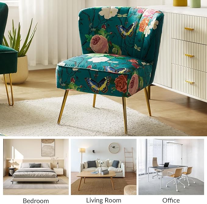 HULALA HOME Accent Chair with Golden Metal Legs Comfy Tufted Wingback Living Room Chair Floral Fabric Small Armless Side Chair Upholstered Slipper Chair for Bedroom Reading Room Flower Print