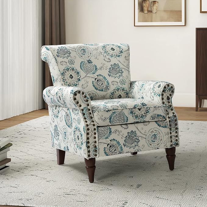 HULALA HOME Modern Wingback Accent Chair with Wood Legs &amp Removable Cushion Comfy Upholstered Armchair with Nailhead Trim Floral Pattern Single Sofa Chair for Living Room Bedroom Medallion