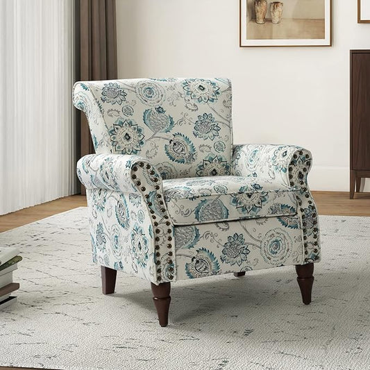HULALA HOME Modern Wingback Accent Chair with Wood Legs &amp Removable Cushion Comfy Upholstered Armchair with Nailhead Trim Floral Pattern Single Sofa Chair for Living Room Bedroom Medallion